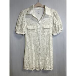 SEN COLLECTION Puff Sleeve Button Down Mini Lace Shirt Dress White Size S